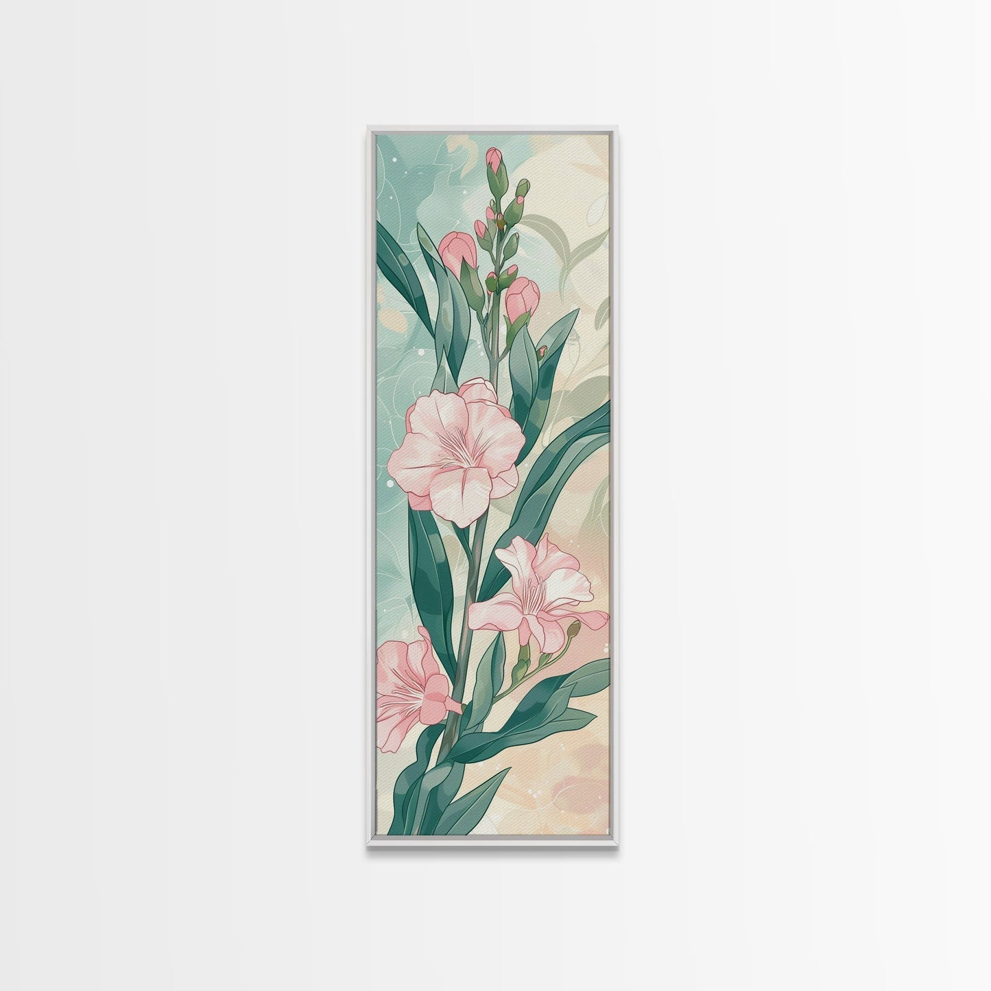 Skinny Art Pink Oleander Flowers In Japanese Style Wood Block Print Elegant Pastel Hues On Framed Canvas Print, Tall Art Ukiyo - e - mosswell.us