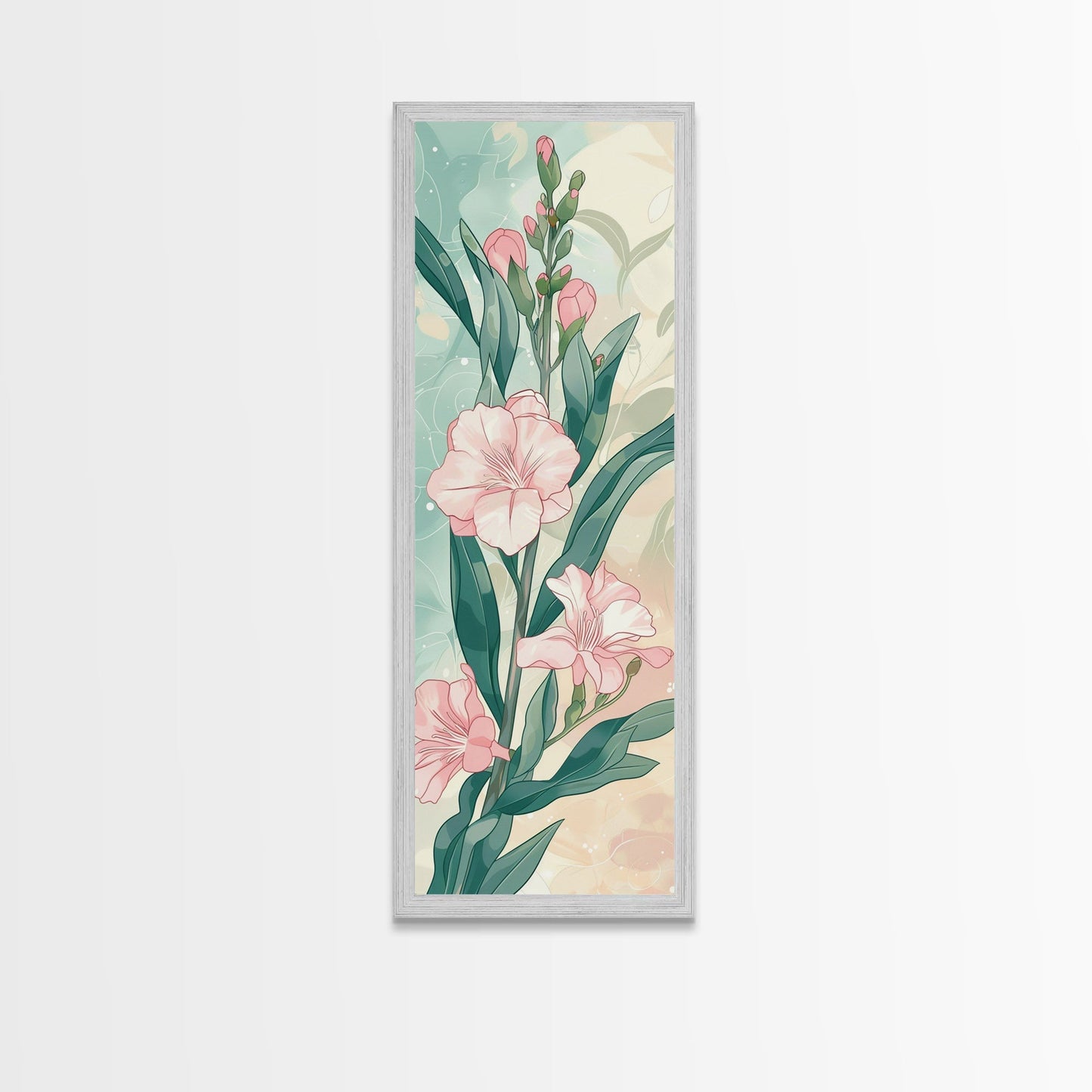 Skinny Art Pink Oleander Flowers In Japanese Style Wood Block Print Elegant Pastel Hues On Framed Canvas Print, Tall Art Ukiyo - e - mosswell.us