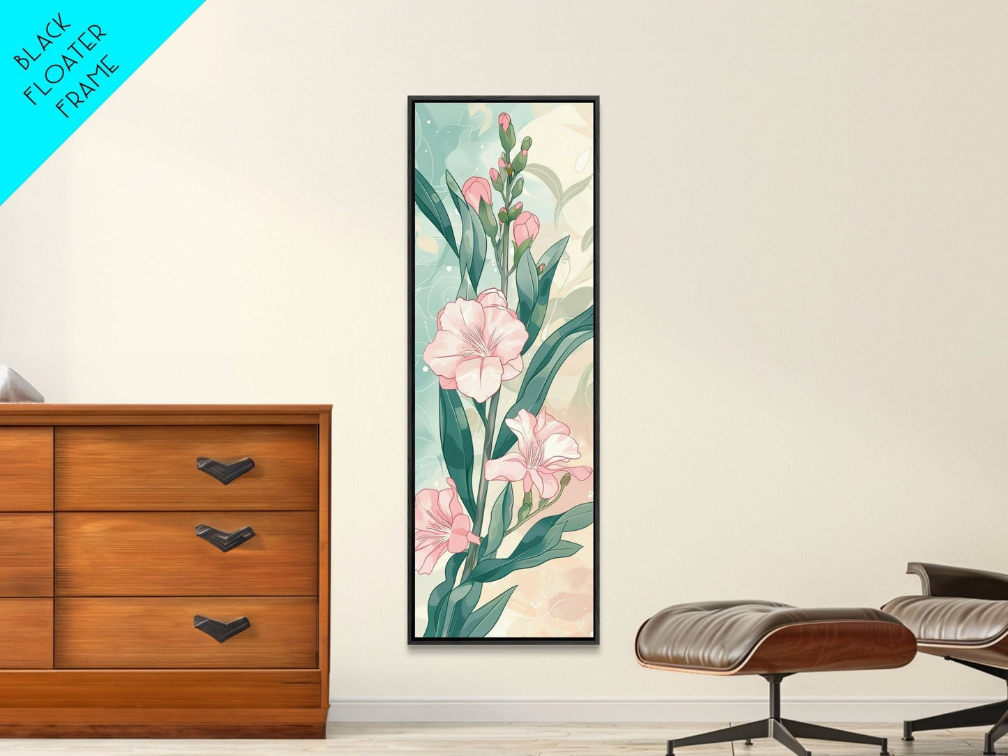 Skinny Art Pink Oleander Flowers In Japanese Style Wood Block Print Elegant Pastel Hues On Framed Canvas Print, Tall Art Ukiyo - e - mosswell.us