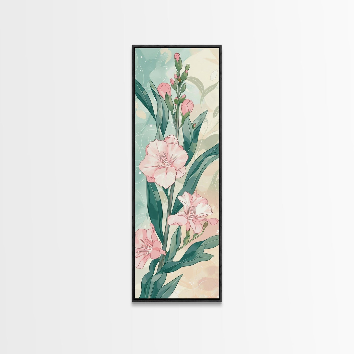 Skinny Art Pink Oleander Flowers In Japanese Style Wood Block Print Elegant Pastel Hues On Framed Canvas Print, Tall Art Ukiyo - e - mosswell.us