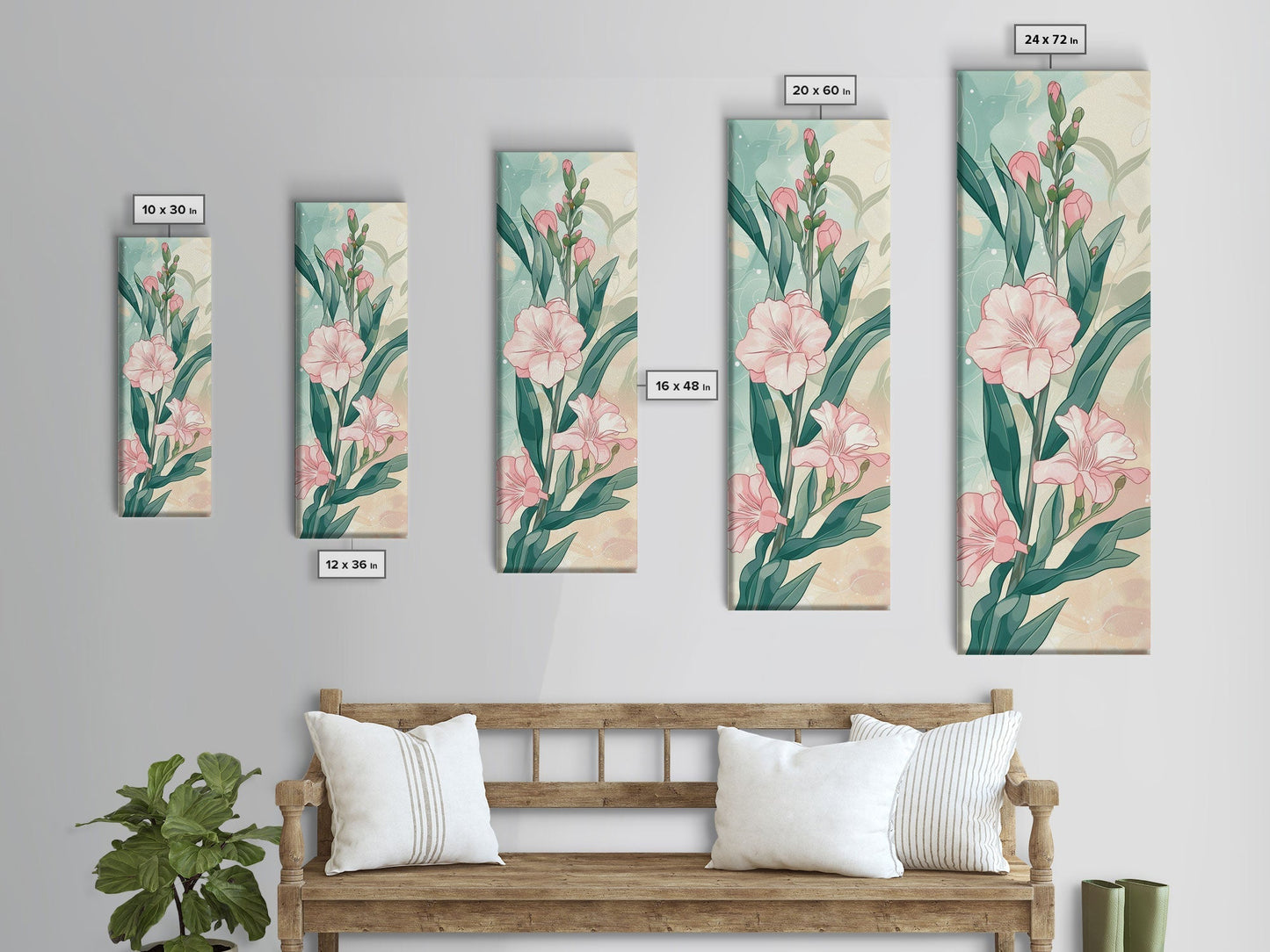 Skinny Art Pink Oleander Flowers In Japanese Style Wood Block Print Elegant Pastel Hues On Framed Canvas Print, Tall Art Ukiyo - e - mosswell.us