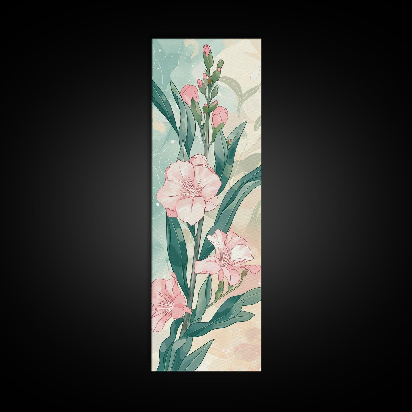 Skinny Art Pink Oleander Flowers In Japanese Style Wood Block Print Elegant Pastel Hues On Framed Canvas Print, Tall Art Ukiyo - e - mosswell.us