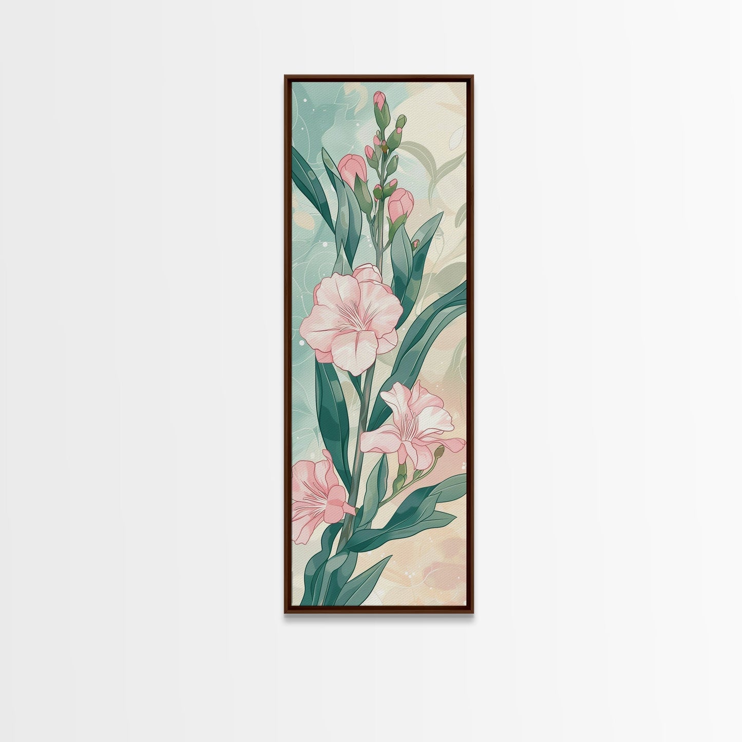 Skinny Art Pink Oleander Flowers In Japanese Style Wood Block Print Elegant Pastel Hues On Framed Canvas Print, Tall Art Ukiyo - e - mosswell.us
