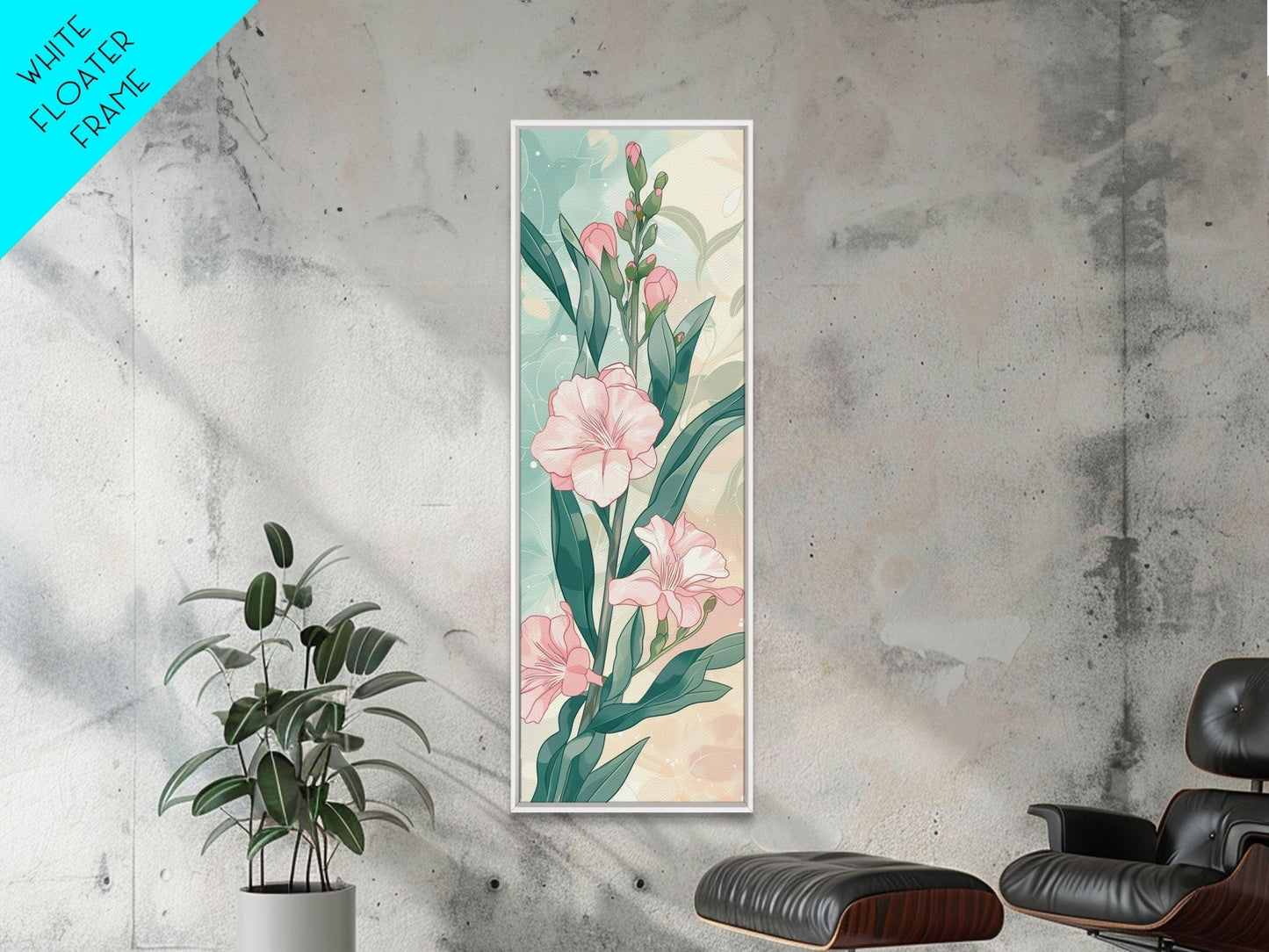 Skinny Art Pink Oleander Flowers In Japanese Style Wood Block Print Elegant Pastel Hues On Framed Canvas Print, Tall Art Ukiyo - e - mosswell.us