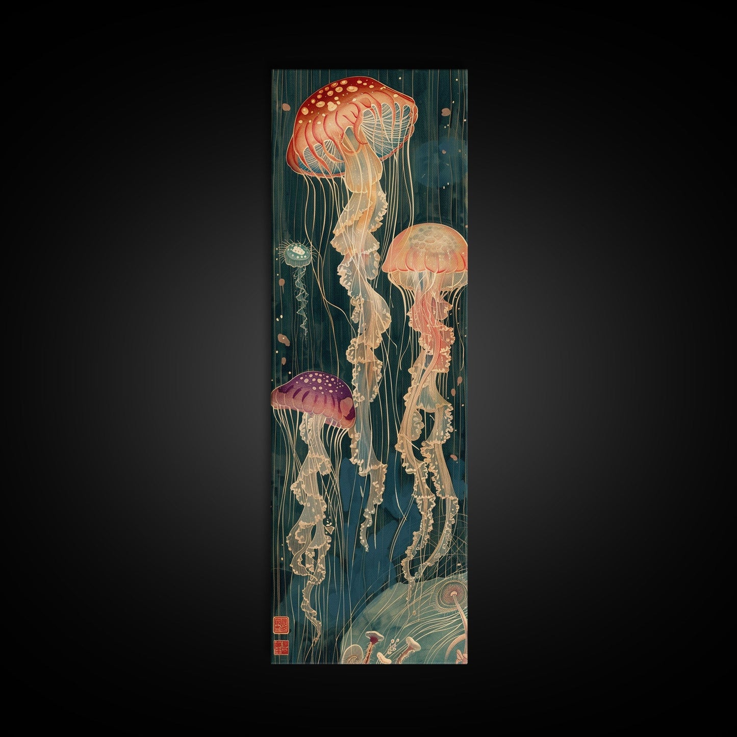 Skinny Art Tall Art Jellyfish Wood Block Print Japanese Style Art Captivating Underwater Scene Framed Canvas Print - mosswell.us