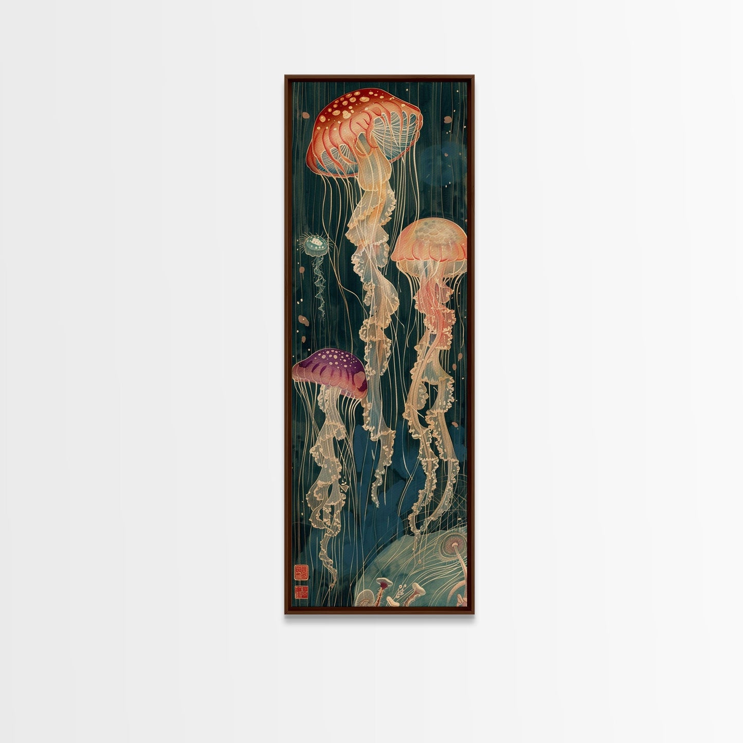 Skinny Art Tall Art Jellyfish Wood Block Print Japanese Style Art Captivating Underwater Scene Framed Canvas Print - mosswell.us