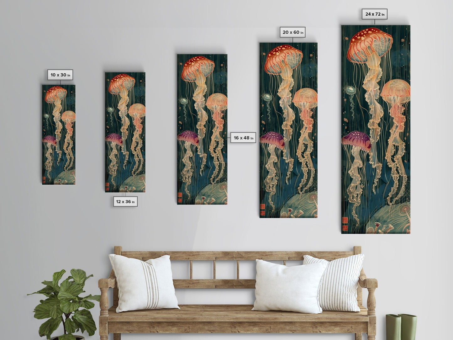 Skinny Art Tall Art Jellyfish Wood Block Print Japanese Style Art Captivating Underwater Scene Framed Canvas Print - mosswell.us