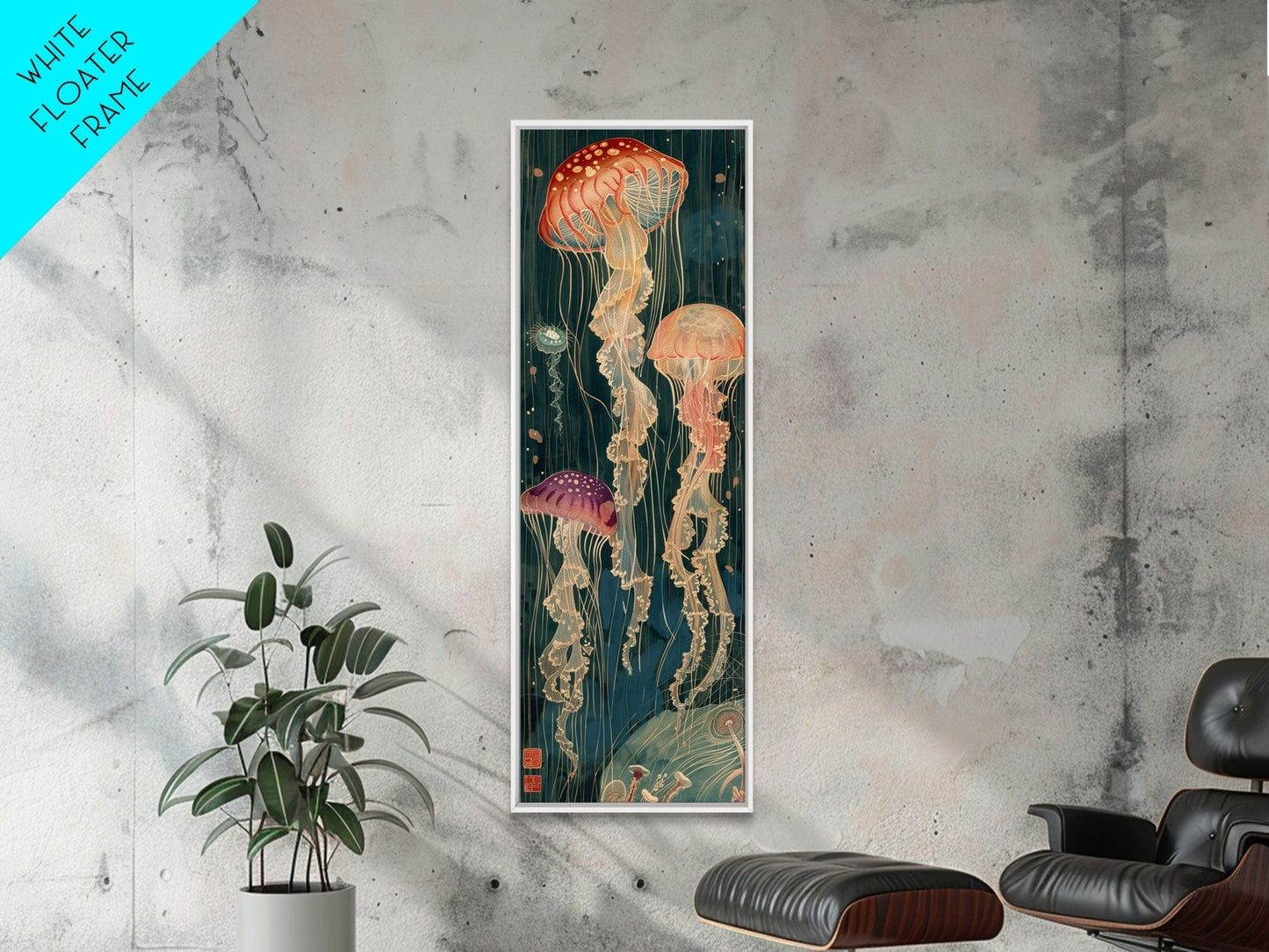 Skinny Art Tall Art Jellyfish Wood Block Print Japanese Style Art Captivating Underwater Scene Framed Canvas Print - mosswell.us