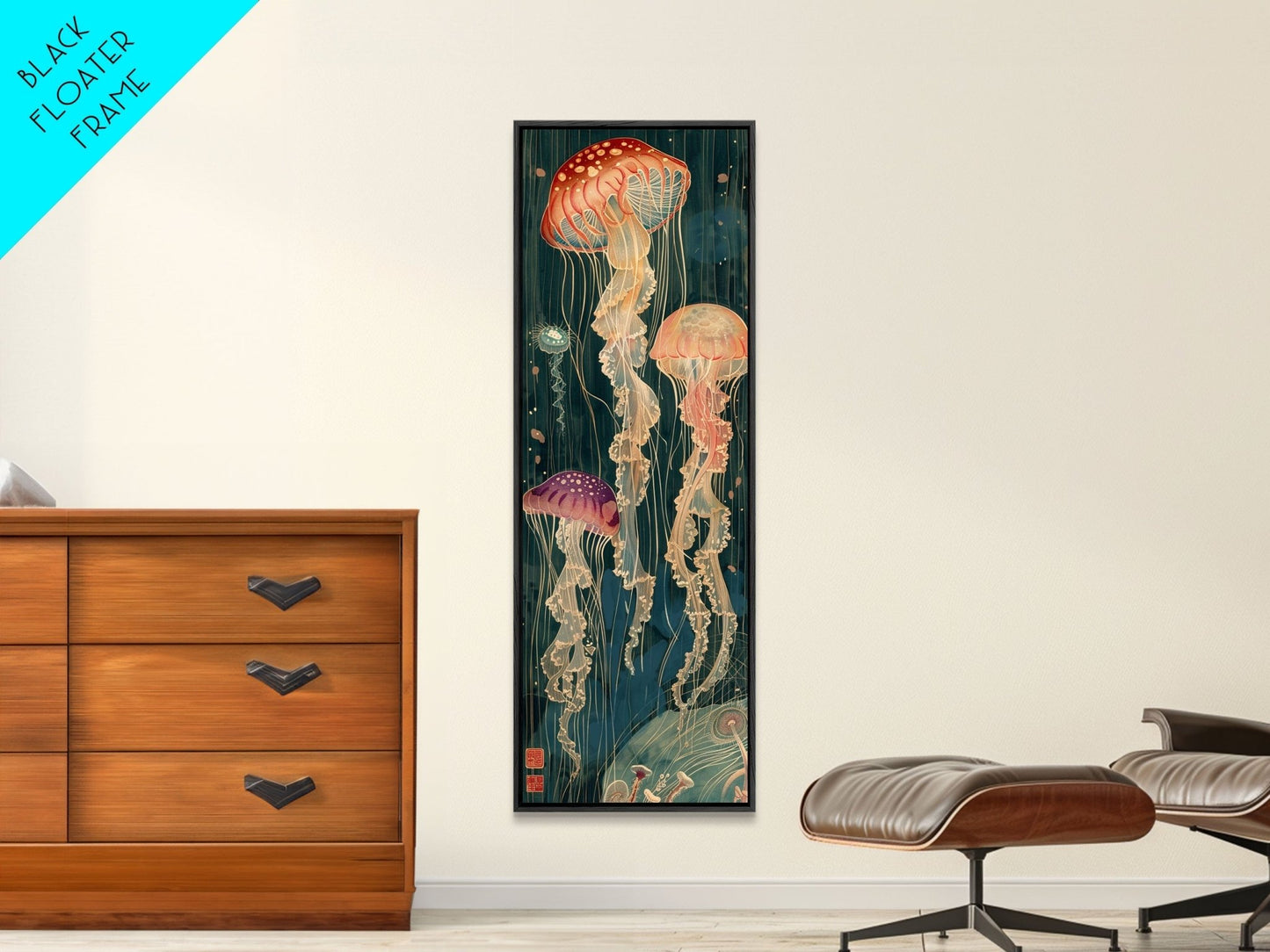 Skinny Art Tall Art Jellyfish Wood Block Print Japanese Style Art Captivating Underwater Scene Framed Canvas Print - mosswell.us