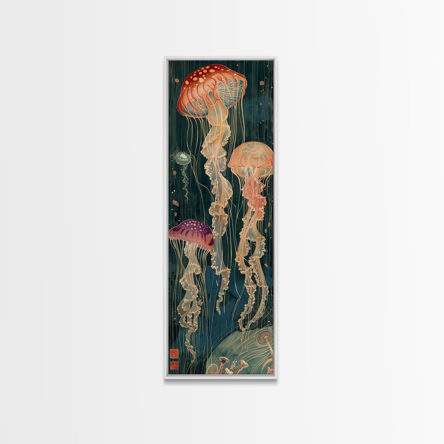 Skinny Art Tall Art Jellyfish Wood Block Print Japanese Style Art Captivating Underwater Scene Framed Canvas Print - mosswell.us