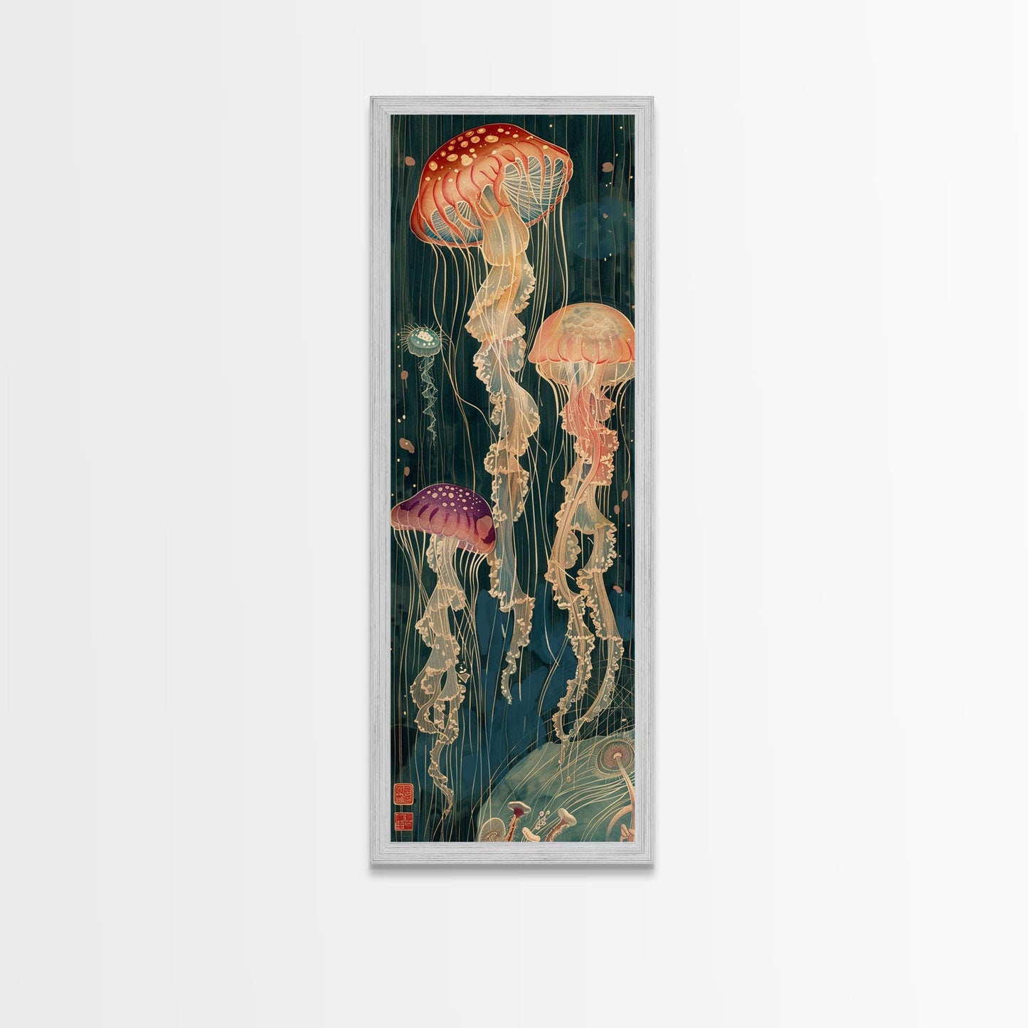 Skinny Art Tall Art Jellyfish Wood Block Print Japanese Style Art Captivating Underwater Scene Framed Canvas Print - mosswell.us