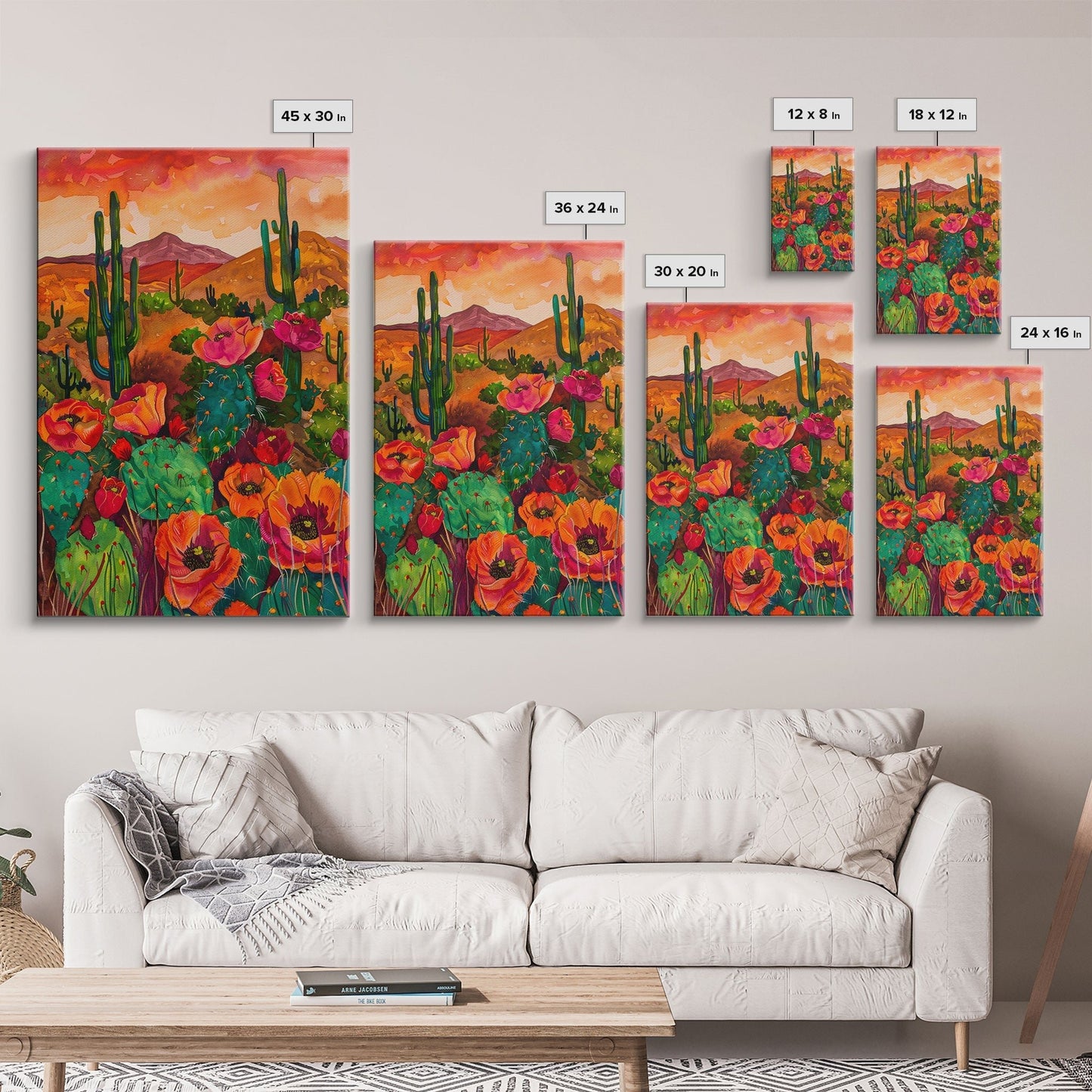 Southwest Desert Landscape with Cacti and Flowers, Colorful Wall Art for Living Room or Bedroom, Framed Canvas Print - mosswell.us