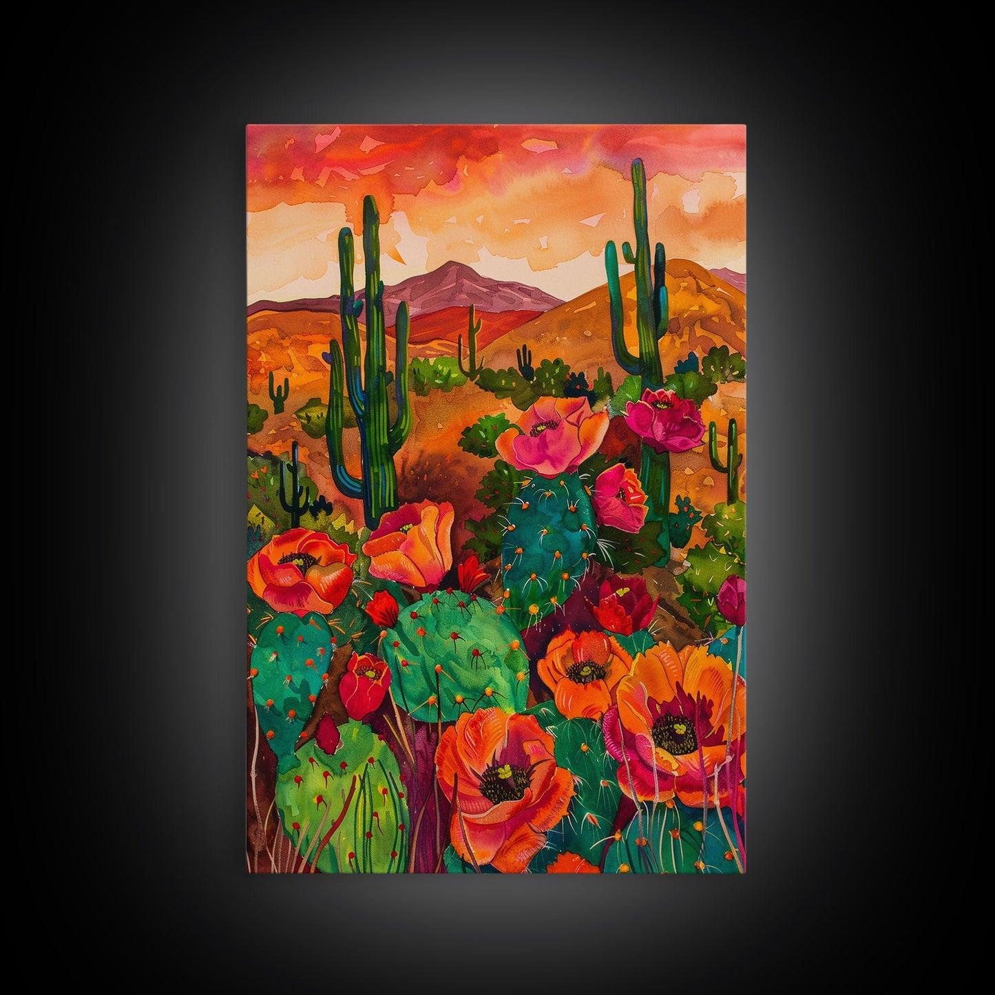 Southwest Desert Landscape with Cacti and Flowers, Colorful Wall Art for Living Room or Bedroom, Framed Canvas Print - mosswell.us