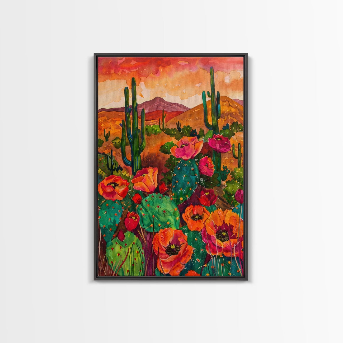Southwest Desert Landscape with Cacti and Flowers, Colorful Wall Art for Living Room or Bedroom, Framed Canvas Print - mosswell.us