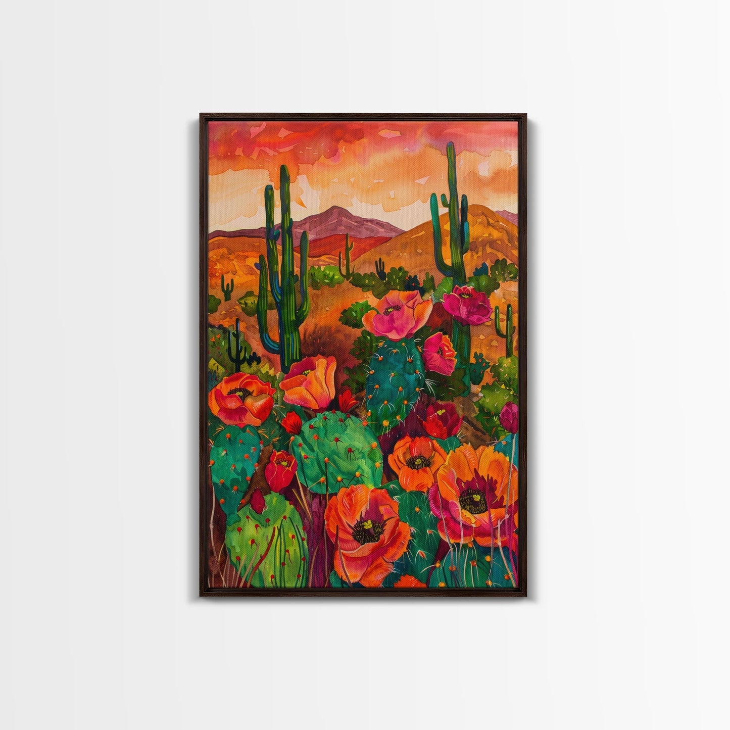 Southwest Desert Landscape with Cacti and Flowers, Colorful Wall Art for Living Room or Bedroom, Framed Canvas Print - mosswell.us