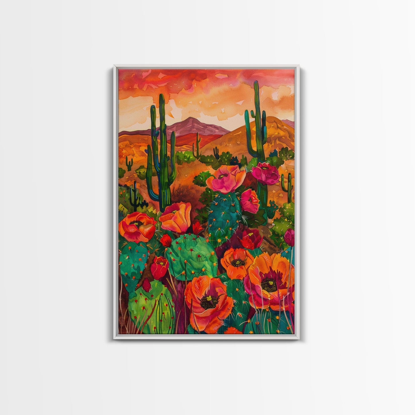 Southwest Desert Landscape with Cacti and Flowers, Colorful Wall Art for Living Room or Bedroom, Framed Canvas Print - mosswell.us