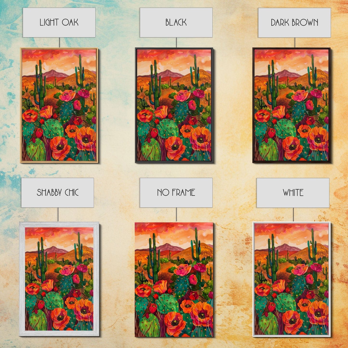 Southwest Desert Landscape with Cacti and Flowers, Colorful Wall Art for Living Room or Bedroom, Framed Canvas Print - mosswell.us