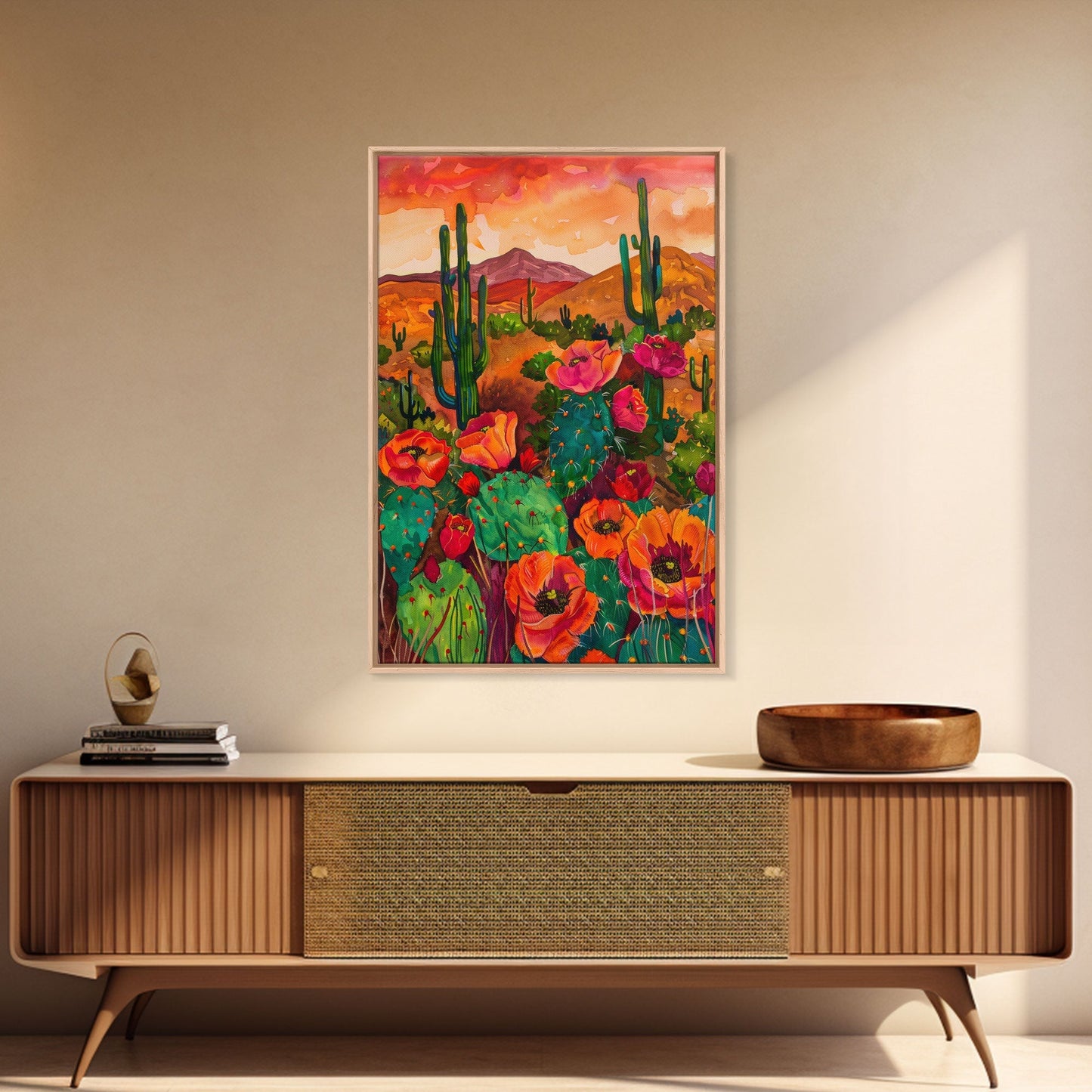 Southwest Desert Landscape with Cacti and Flowers, Colorful Wall Art for Living Room or Bedroom, Framed Canvas Print - mosswell.us