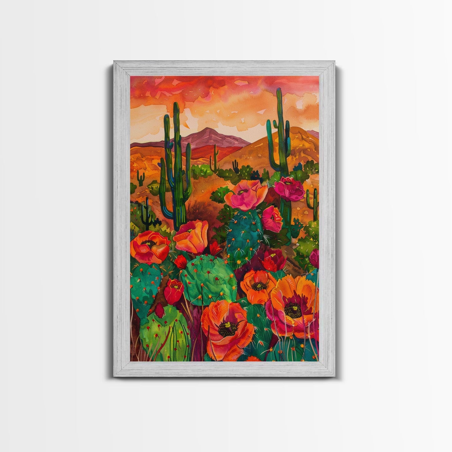 Southwest Desert Landscape with Cacti and Flowers, Colorful Wall Art for Living Room or Bedroom, Framed Canvas Print - mosswell.us