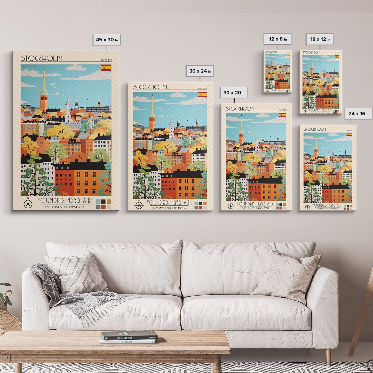 Stockholm Sweden Travel Poster Framed Canvas Print, Midcentury Modern Art, Pop Art Wall Decor, Living Room Art, Scenic Wall Art - mosswell.us