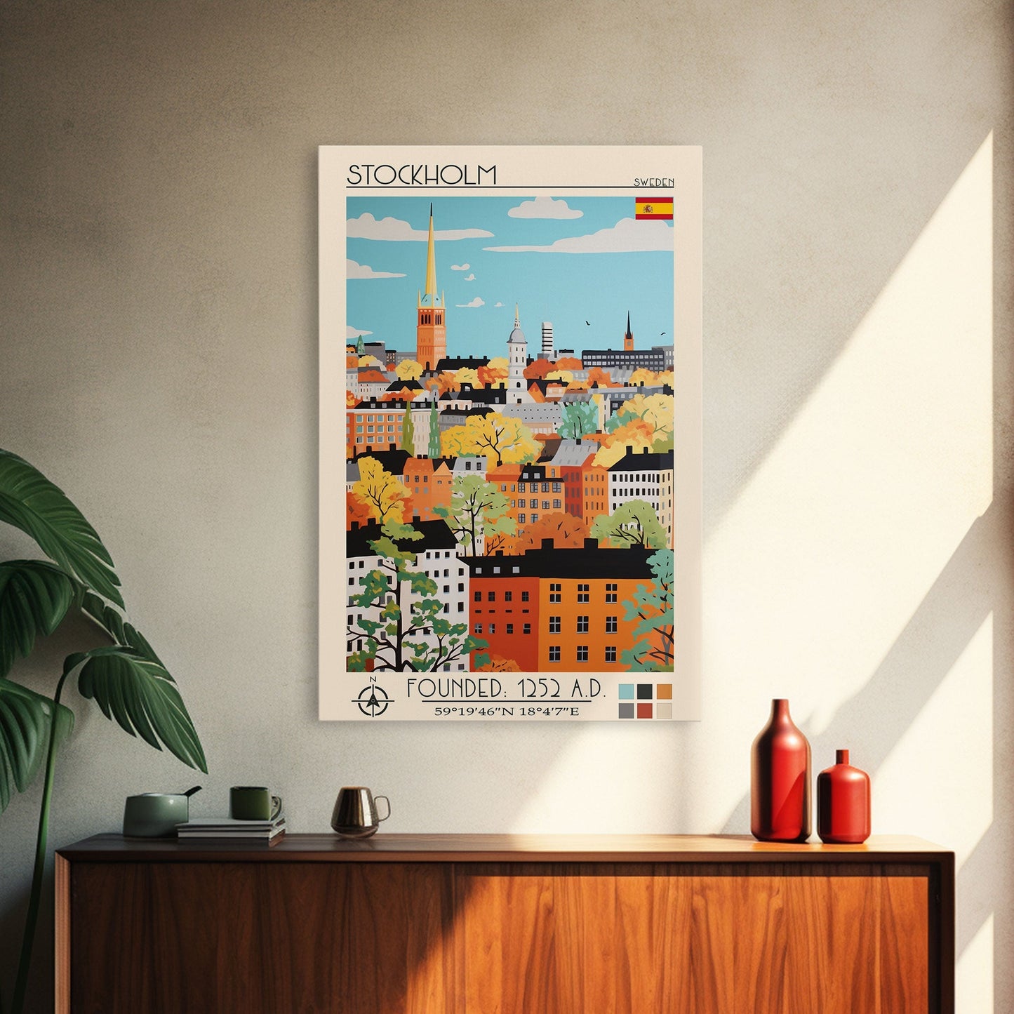 Stockholm Sweden Travel Poster Framed Canvas Print, Midcentury Modern Art, Pop Art Wall Decor, Living Room Art, Scenic Wall Art - mosswell.us