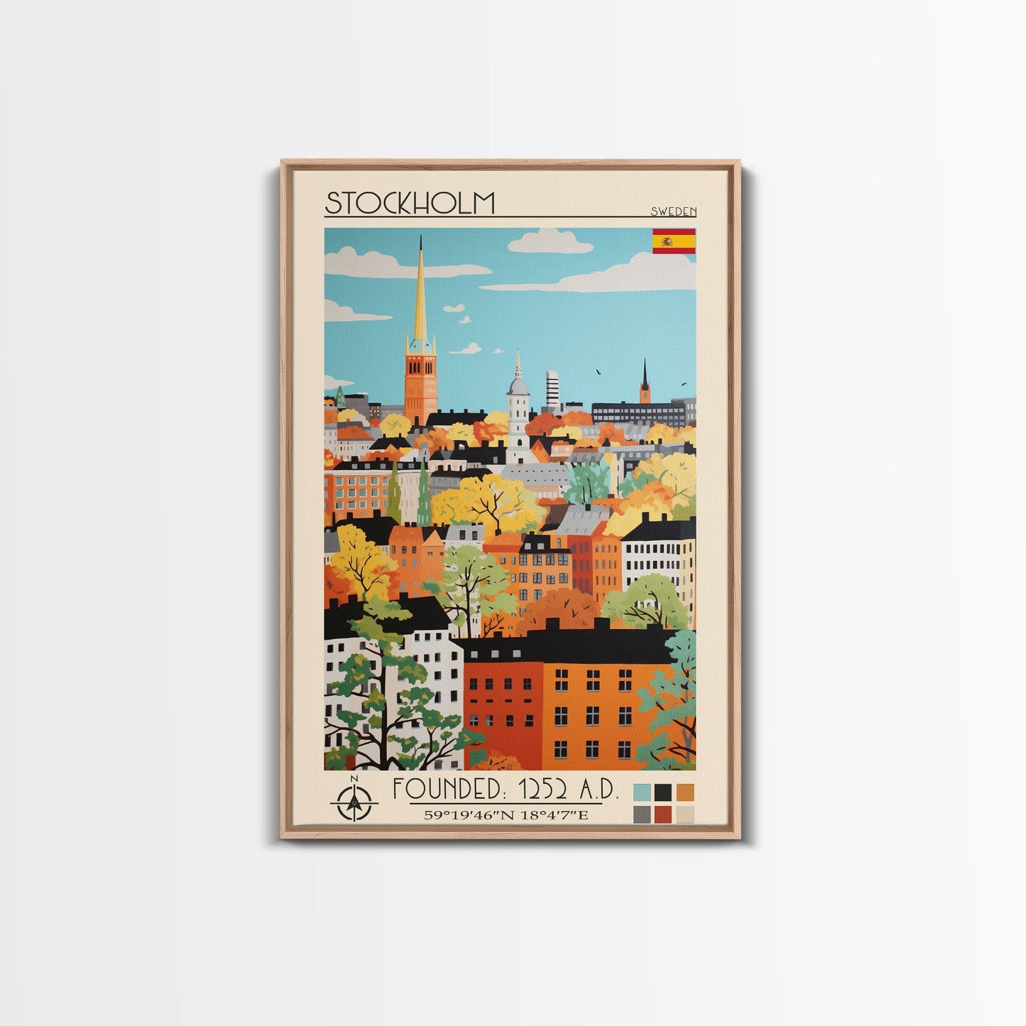 Stockholm Sweden Travel Poster Framed Canvas Print, Midcentury Modern Art, Pop Art Wall Decor, Living Room Art, Scenic Wall Art - mosswell.us