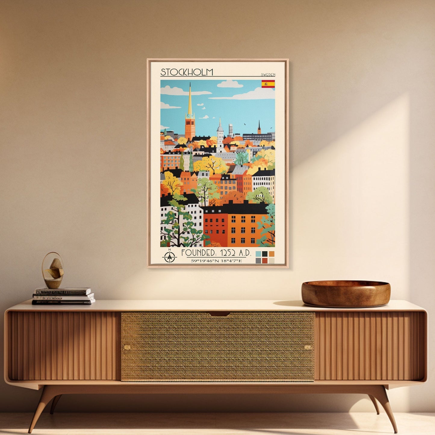 Stockholm Sweden Travel Poster Framed Canvas Print, Midcentury Modern Art, Pop Art Wall Decor, Living Room Art, Scenic Wall Art - mosswell.us