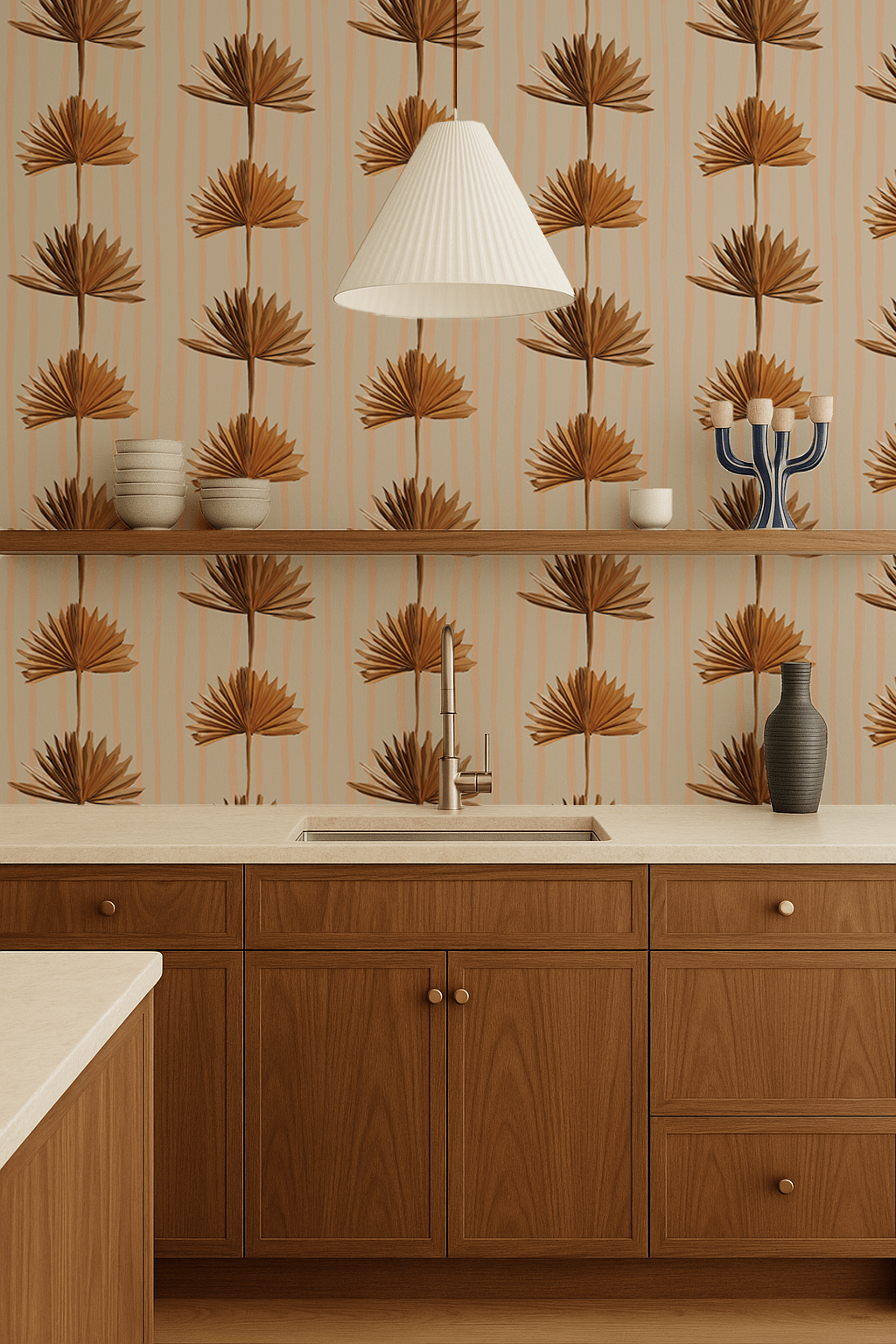 Stripey Palm Wallpaper, neutral peach and mustard - mosswell.us