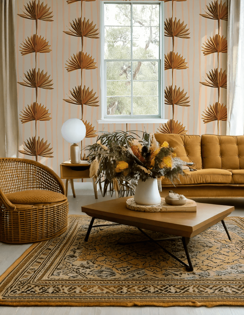 Stripey Palm Wallpaper, neutral peach and mustard - mosswell.us