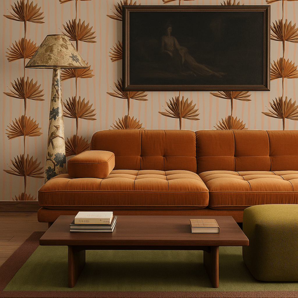 Stripey Palm Wallpaper, neutral peach and mustard - mosswell.us