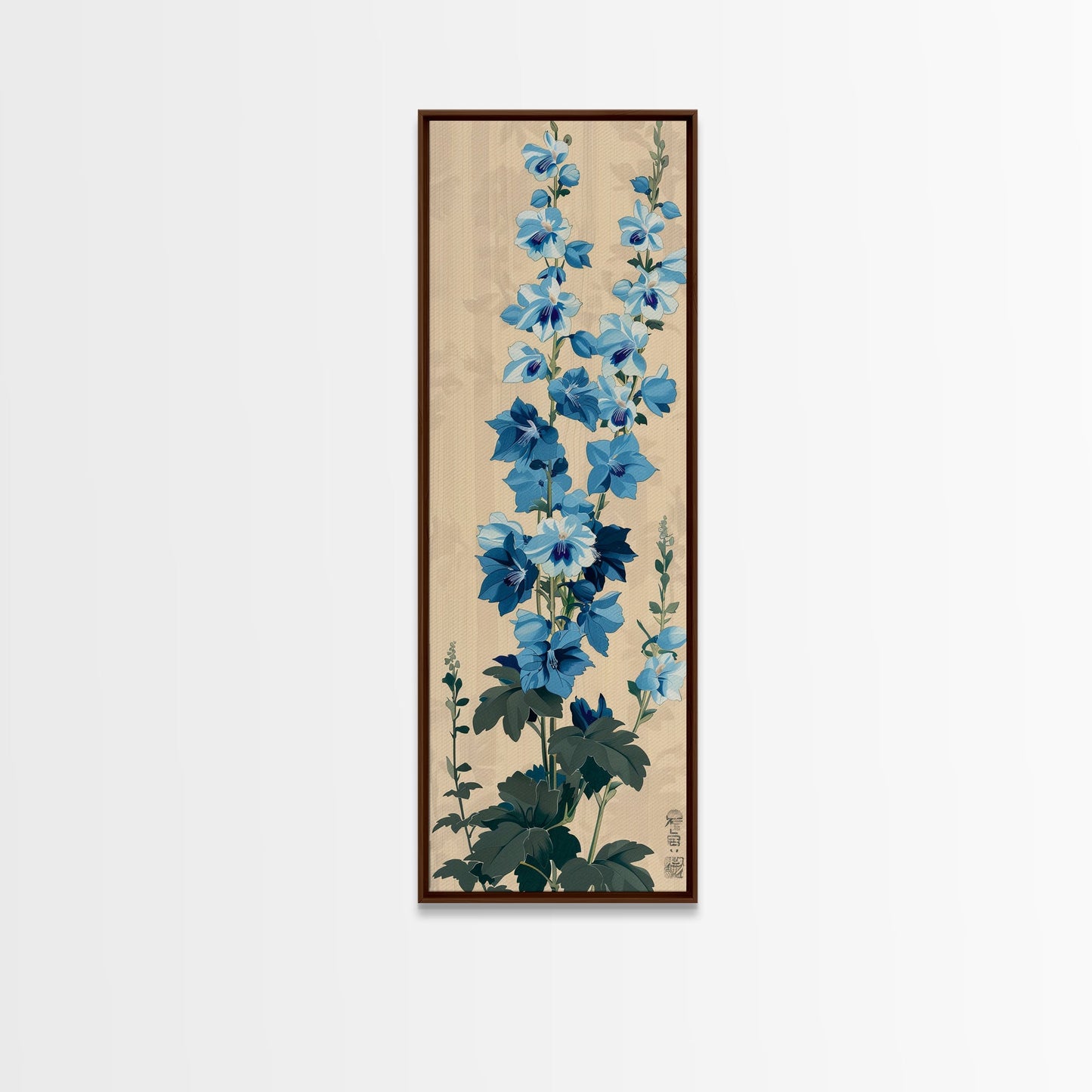 Tall Blue Delphinium Flowers Against Beige Background Ukiyo - e Wood Block Print Framed Canvas Print - mosswell.us