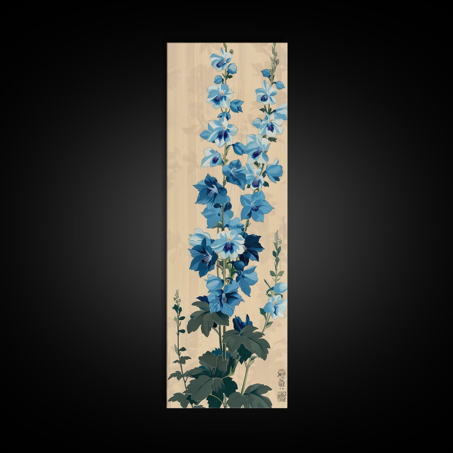 Tall Blue Delphinium Flowers Against Beige Background Ukiyo - e Wood Block Print Framed Canvas Print - mosswell.us