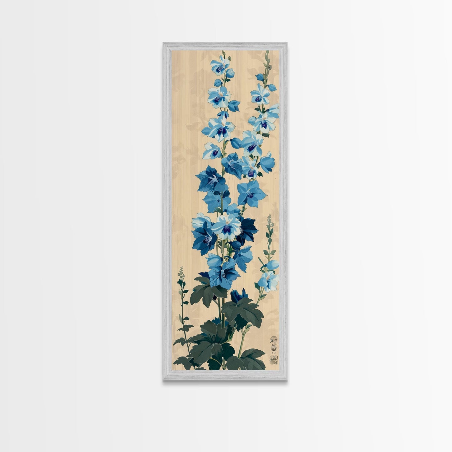 Tall Blue Delphinium Flowers Against Beige Background Ukiyo - e Wood Block Print Framed Canvas Print - mosswell.us