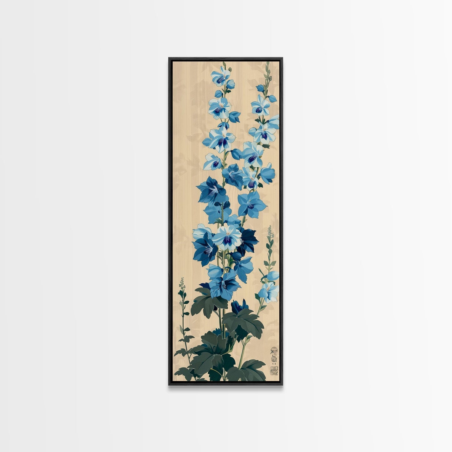 Tall Blue Delphinium Flowers Against Beige Background Ukiyo - e Wood Block Print Framed Canvas Print - mosswell.us