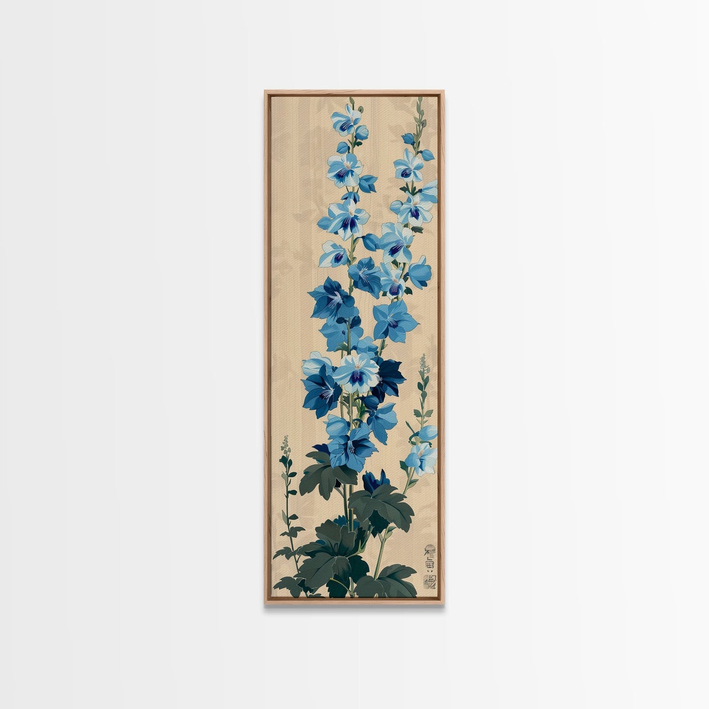 Tall Blue Delphinium Flowers Against Beige Background Ukiyo - e Wood Block Print Framed Canvas Print - mosswell.us