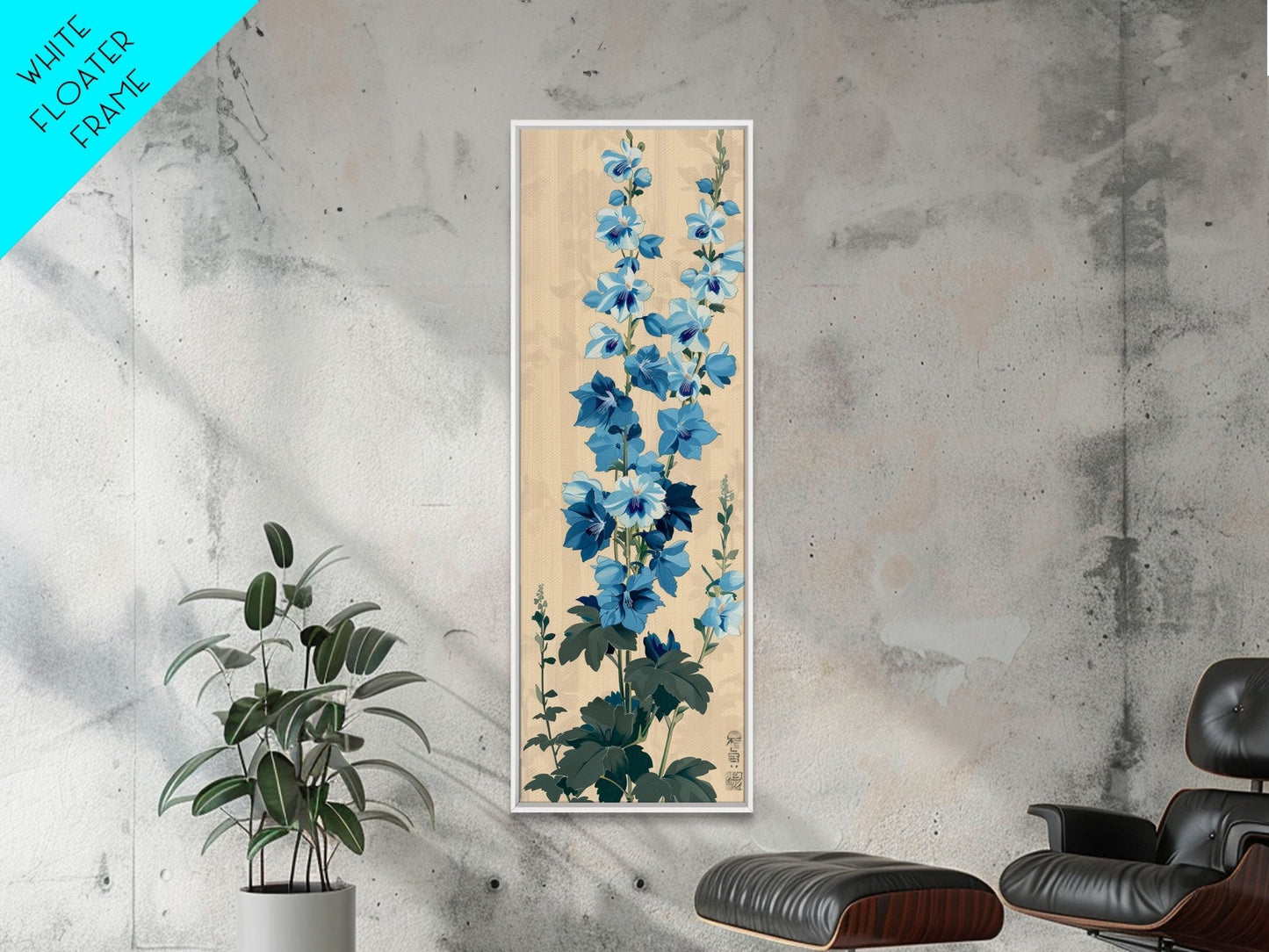 Tall Blue Delphinium Flowers Against Beige Background Ukiyo - e Wood Block Print Framed Canvas Print - mosswell.us
