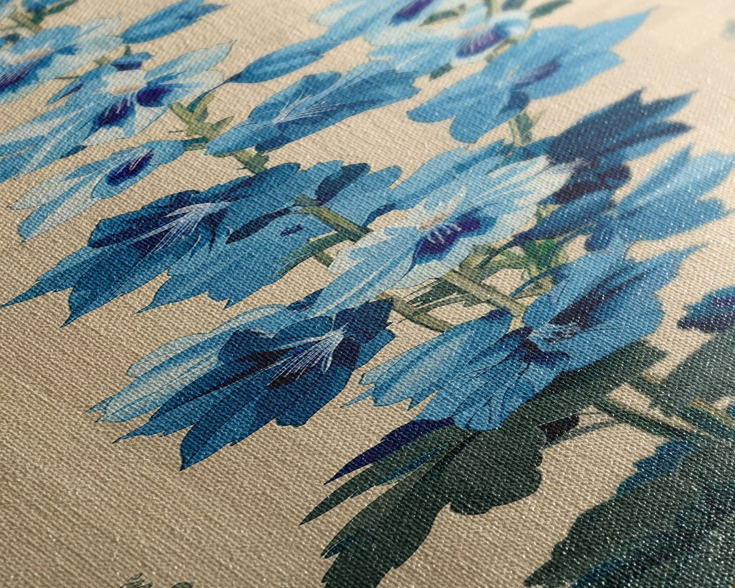 Tall Blue Delphinium Flowers Against Beige Background Ukiyo - e Wood Block Print Framed Canvas Print - mosswell.us