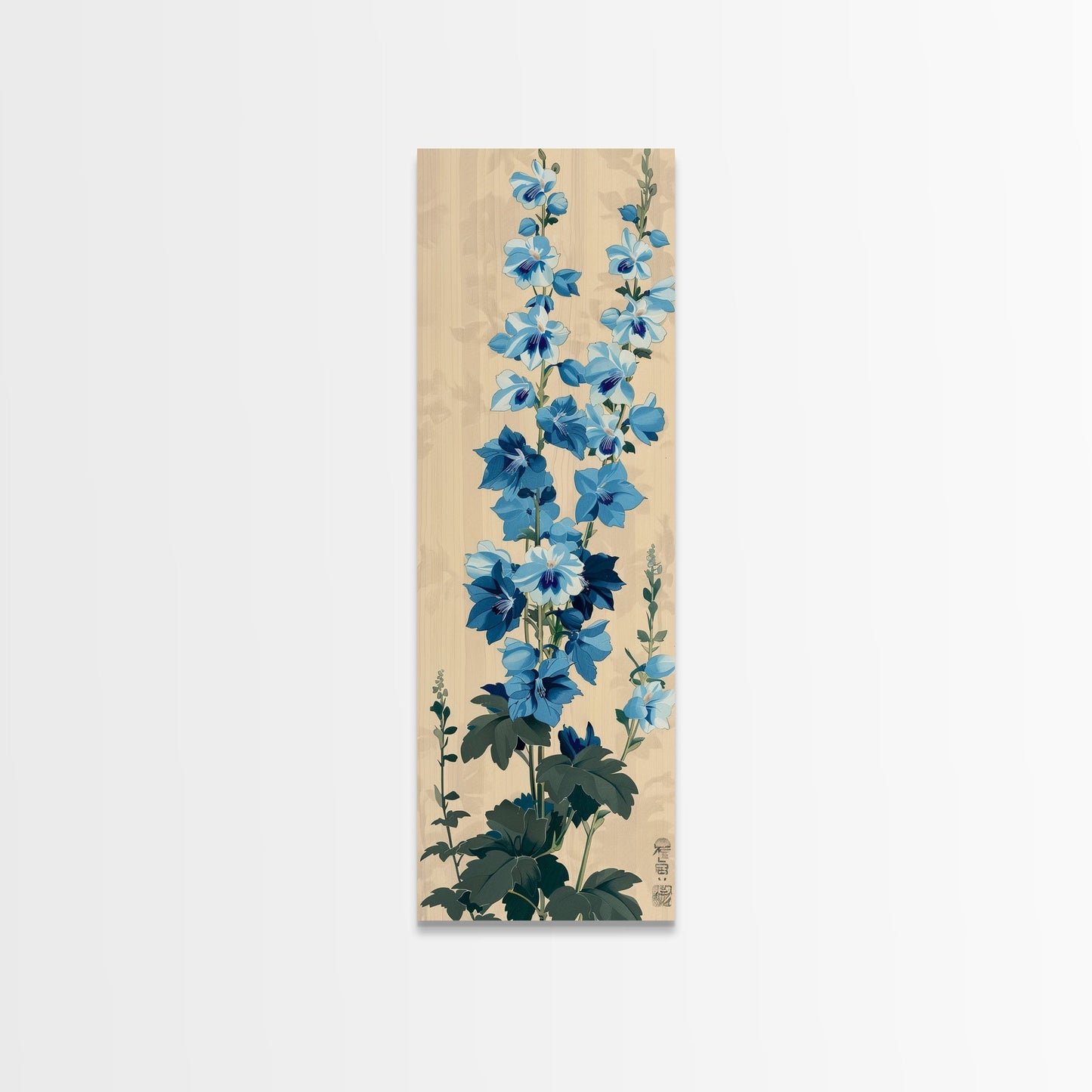 Tall Blue Delphinium Flowers Against Beige Background Ukiyo - e Wood Block Print Framed Canvas Print - mosswell.us