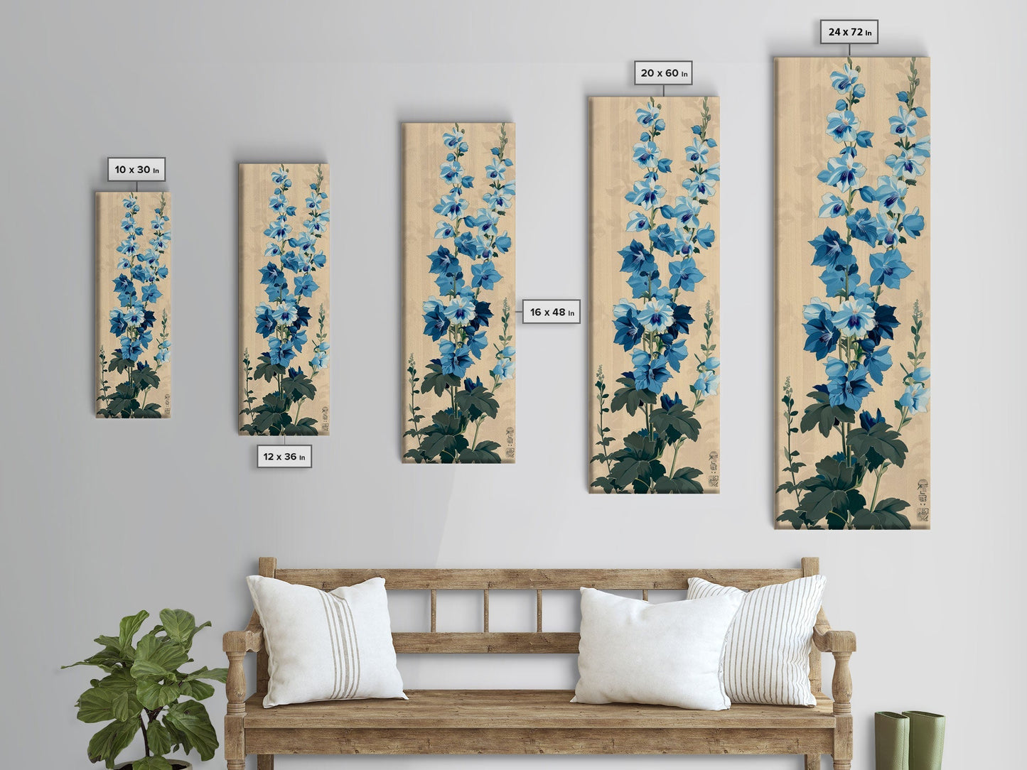 Tall Blue Delphinium Flowers Against Beige Background Ukiyo - e Wood Block Print Framed Canvas Print - mosswell.us