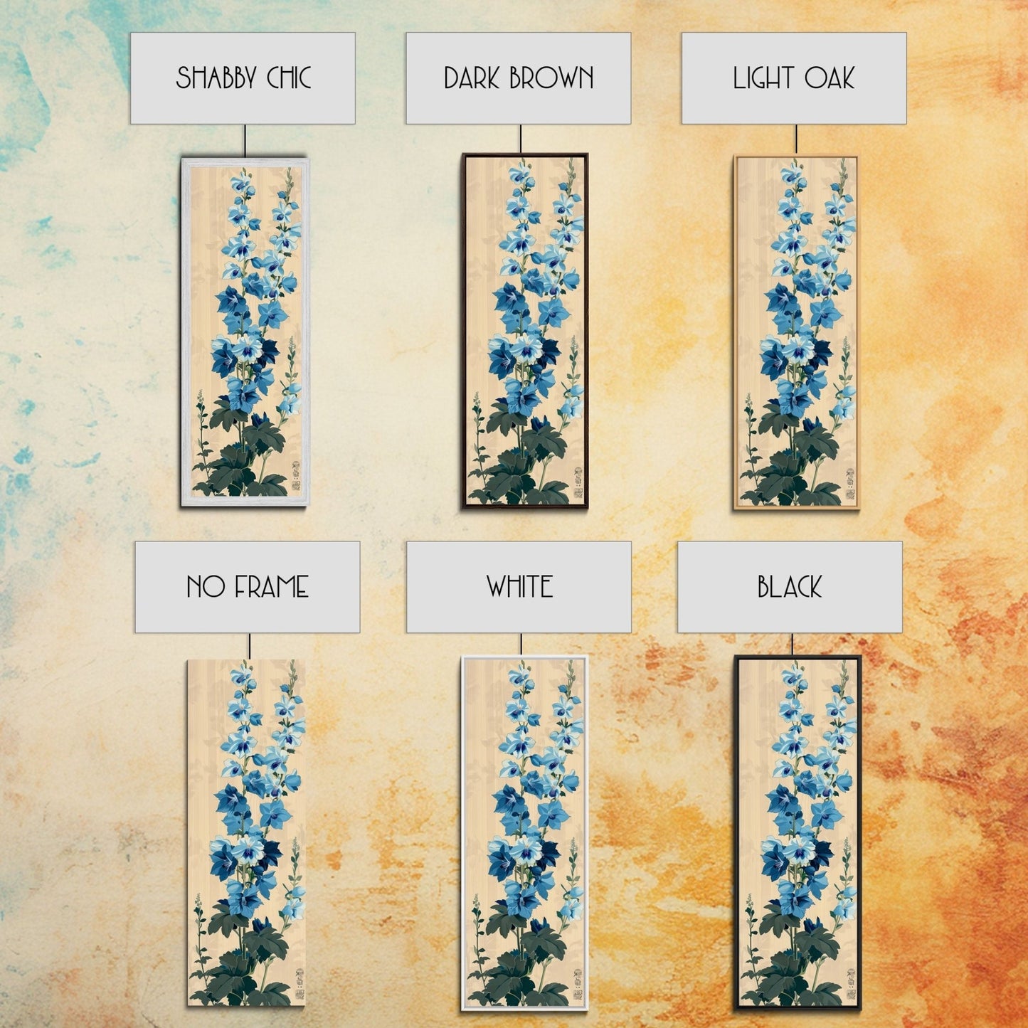 Tall Blue Delphinium Flowers Against Beige Background Ukiyo - e Wood Block Print Framed Canvas Print - mosswell.us