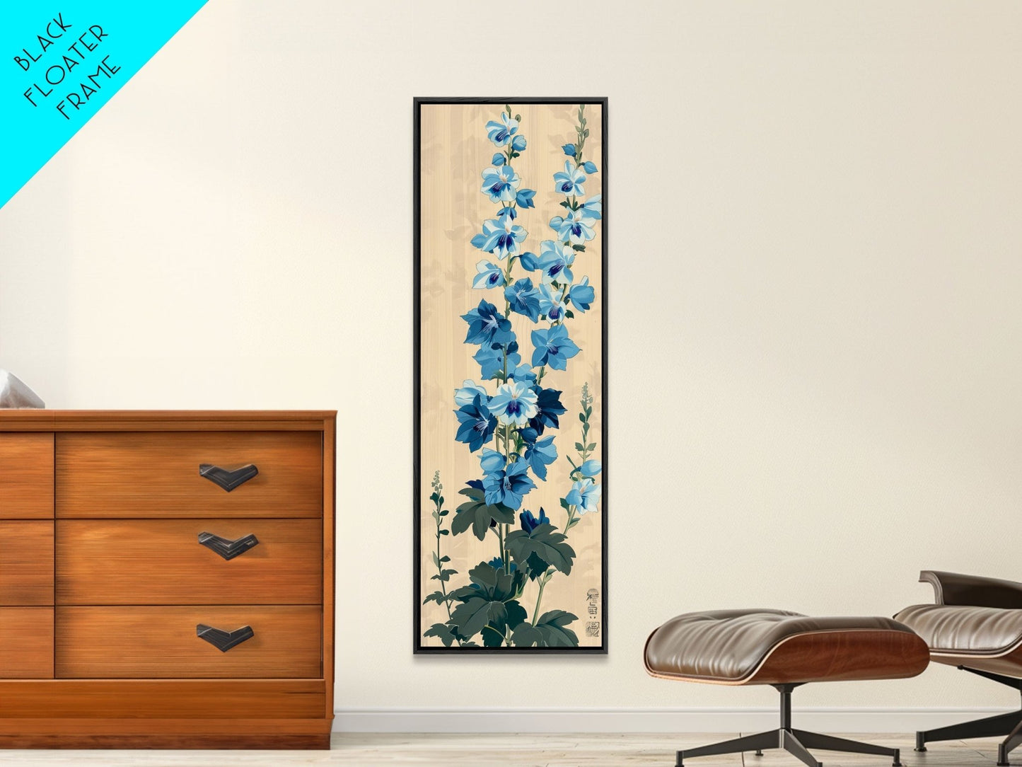 Tall Blue Delphinium Flowers Against Beige Background Ukiyo - e Wood Block Print Framed Canvas Print - mosswell.us