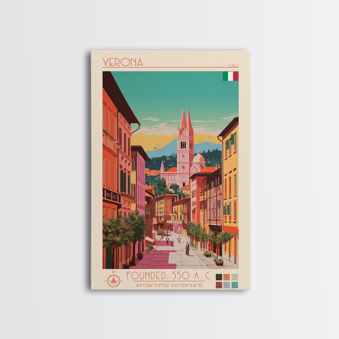 Verona Italy Travel Poster Framed Canvas Print, Midcentury Modern Art, Pop Art Wall Decor, Living Room Art, Home Decoration - mosswell.us
