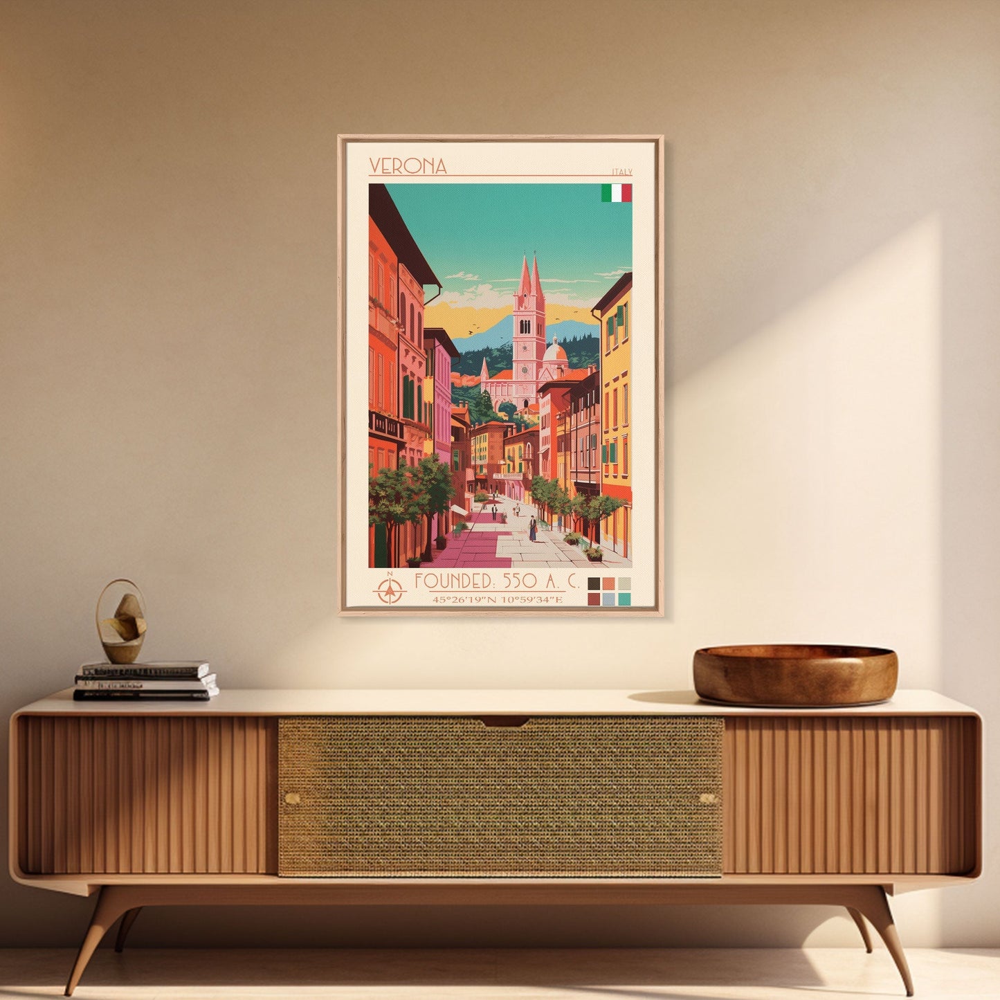 Verona Italy Travel Poster Framed Canvas Print, Midcentury Modern Art, Pop Art Wall Decor, Living Room Art, Home Decoration - mosswell.us