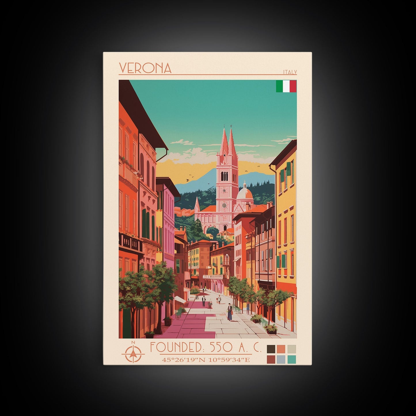 Verona Italy Travel Poster Framed Canvas Print, Midcentury Modern Art, Pop Art Wall Decor, Living Room Art, Home Decoration - mosswell.us