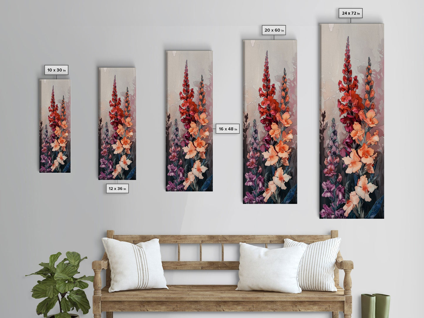 Wood Block Print Featuring Vibrant Gladiolus Flowers In A Dynamic Arrangement, Skinny Art, Tall Art, Japanese Style Art, Ukiyo - e Art, Framed Canvas Print - mosswell.us