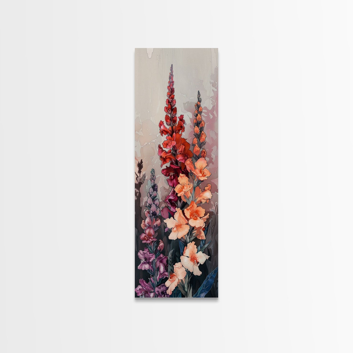 Wood Block Print Featuring Vibrant Gladiolus Flowers In A Dynamic Arrangement, Skinny Art, Tall Art, Japanese Style Art, Ukiyo - e Art, Framed Canvas Print - mosswell.us