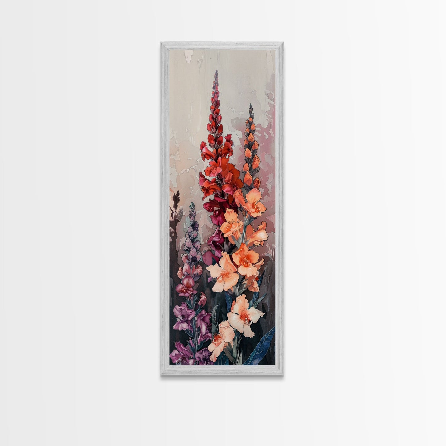 Wood Block Print Featuring Vibrant Gladiolus Flowers In A Dynamic Arrangement, Skinny Art, Tall Art, Japanese Style Art, Ukiyo - e Art, Framed Canvas Print - mosswell.us