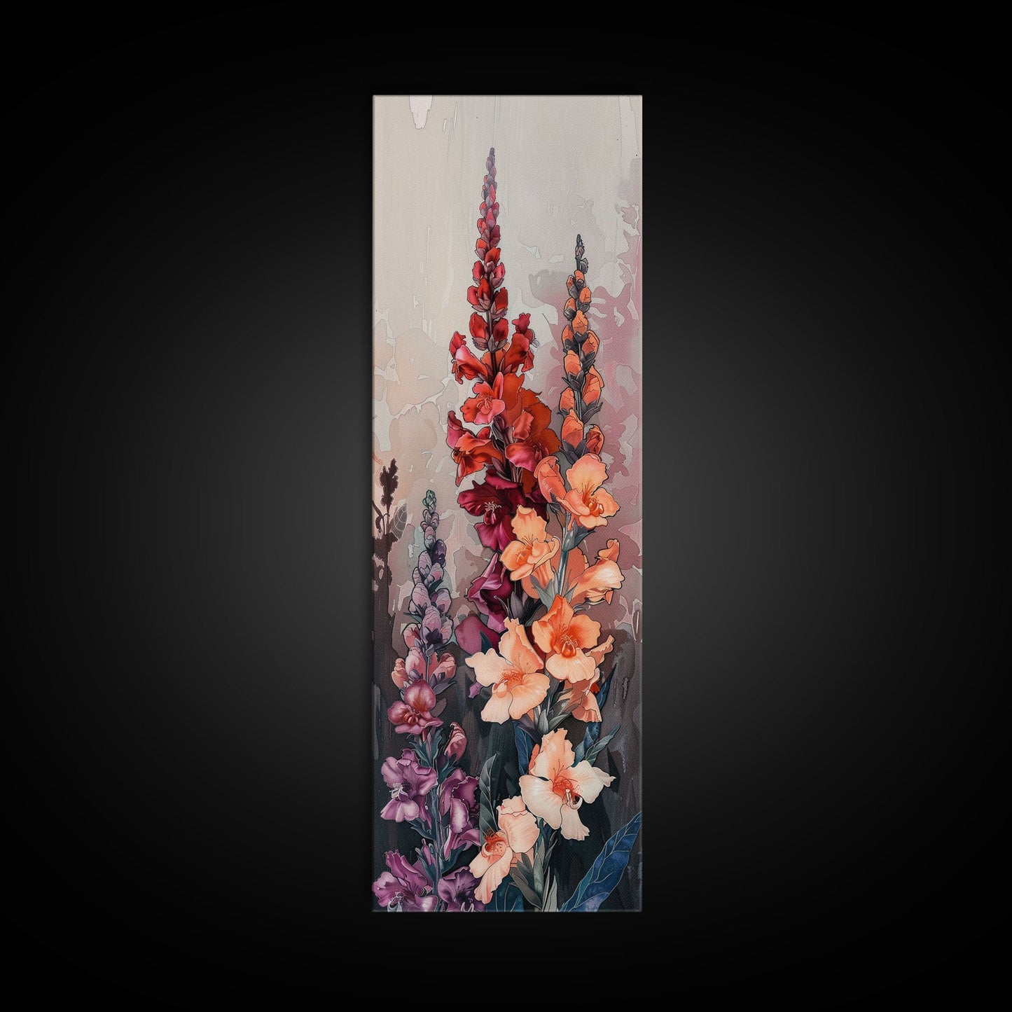 Wood Block Print Featuring Vibrant Gladiolus Flowers In A Dynamic Arrangement, Skinny Art, Tall Art, Japanese Style Art, Ukiyo - e Art, Framed Canvas Print - mosswell.us
