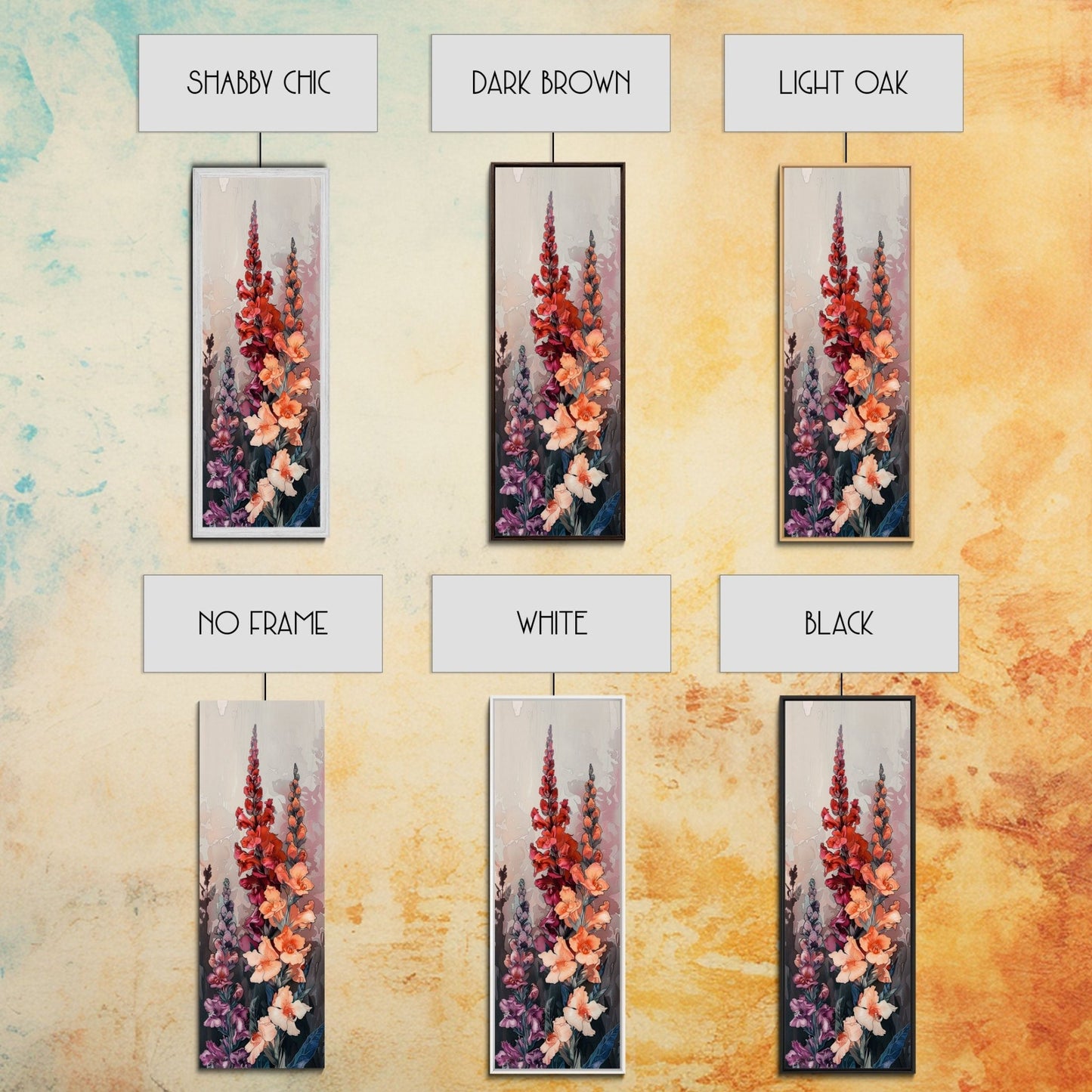 Wood Block Print Featuring Vibrant Gladiolus Flowers In A Dynamic Arrangement, Skinny Art, Tall Art, Japanese Style Art, Ukiyo - e Art, Framed Canvas Print - mosswell.us