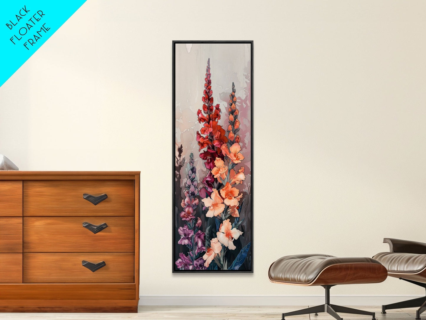 Wood Block Print Featuring Vibrant Gladiolus Flowers In A Dynamic Arrangement, Skinny Art, Tall Art, Japanese Style Art, Ukiyo - e Art, Framed Canvas Print - mosswell.us